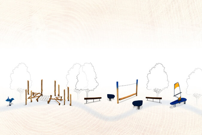 Spielplatz-Architektur mit eibe – Unterschiedliche Spielgeräte in einer Anordnung. 